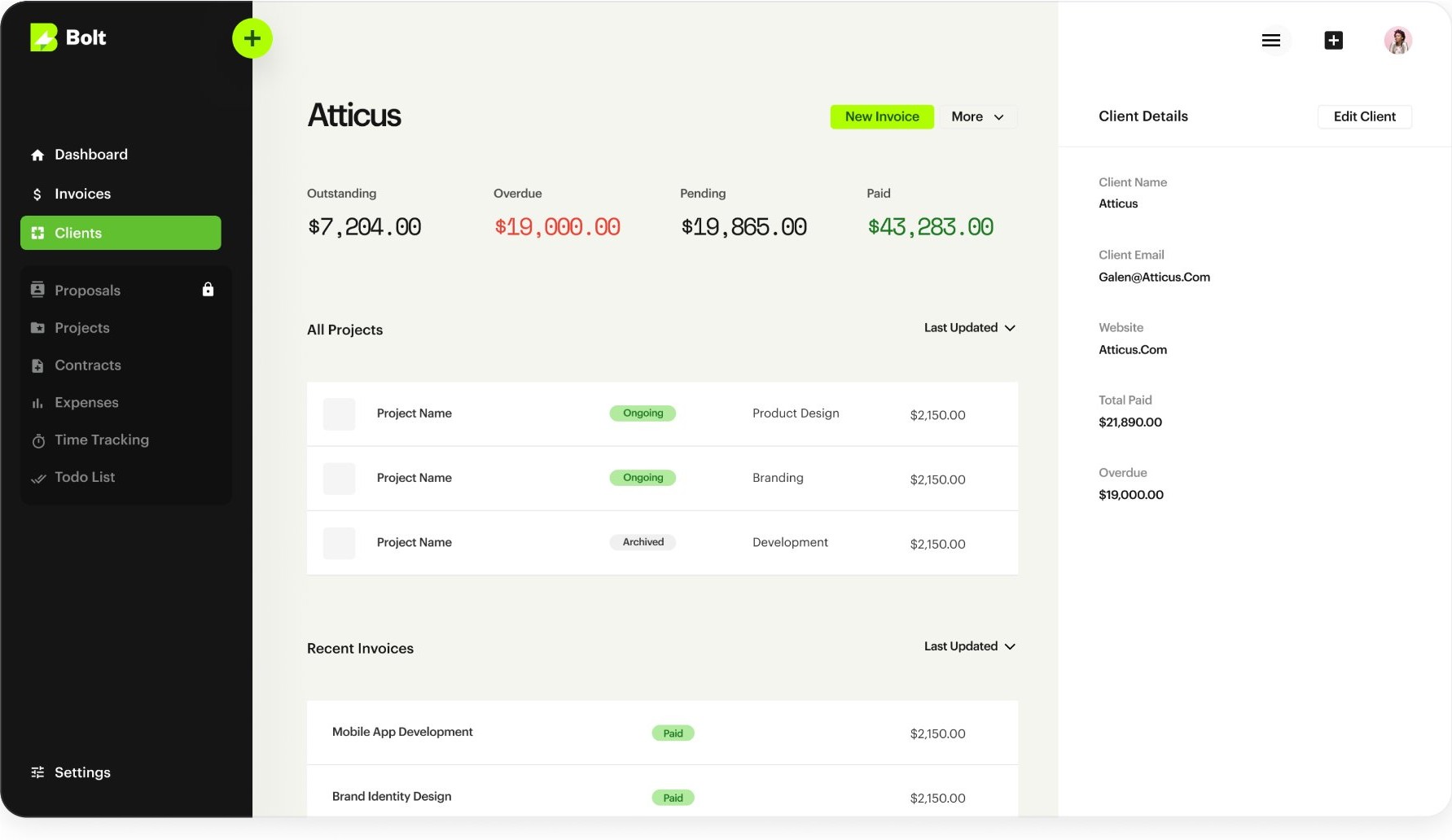 Bolt — client overview with projects and invoices