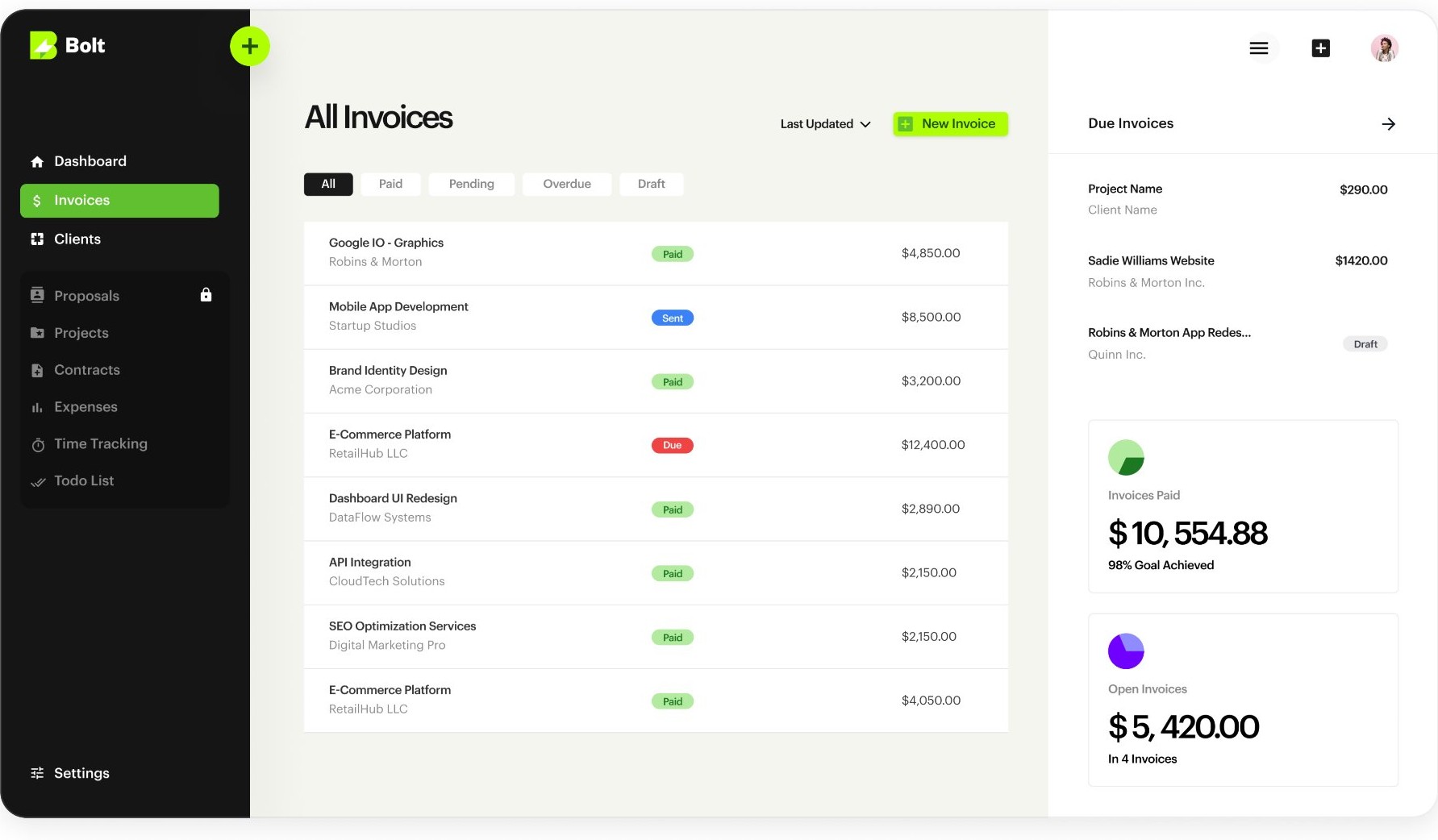 Bolt — all invoices with status filters