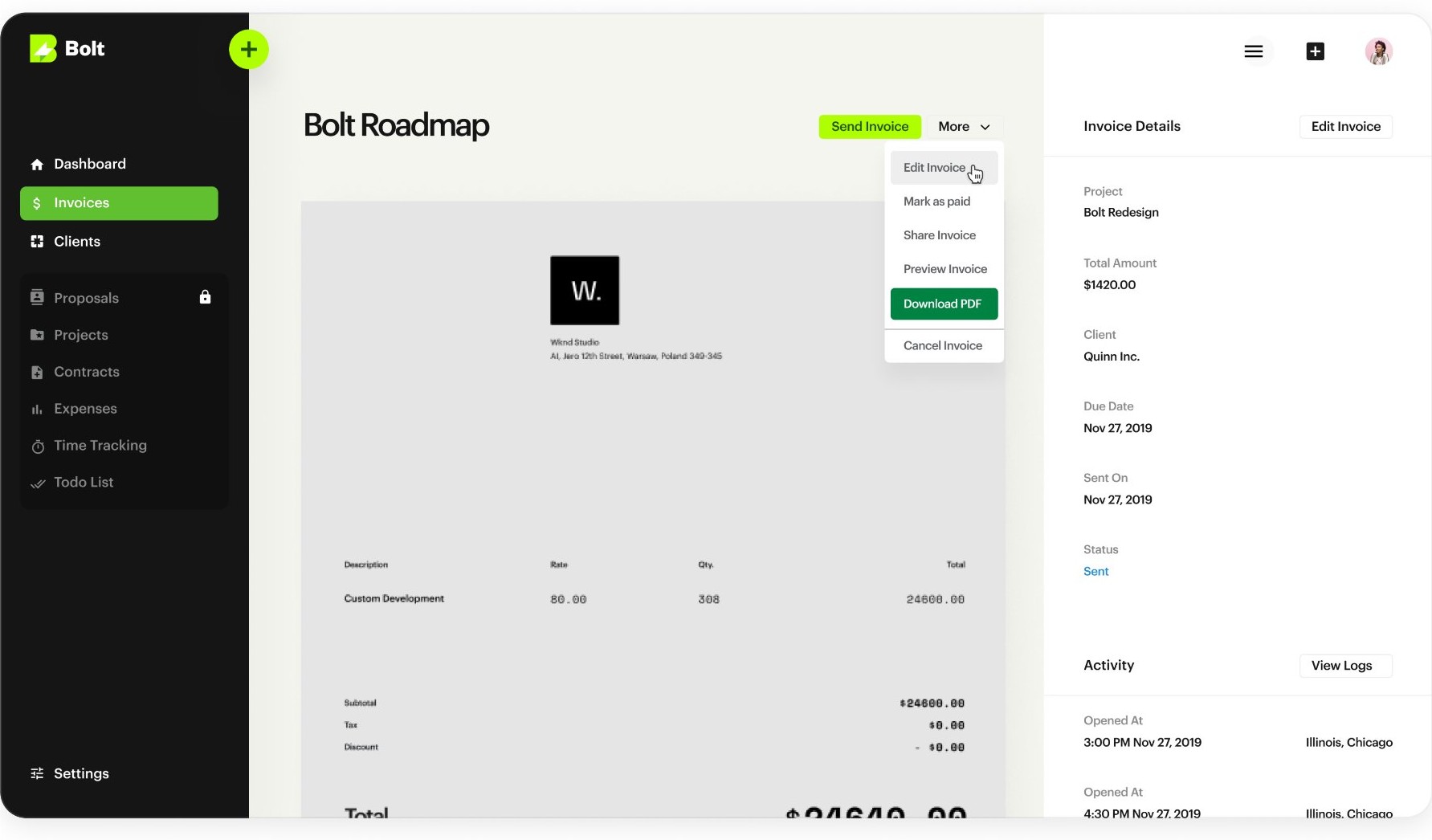Bolt — invoice detail with actions