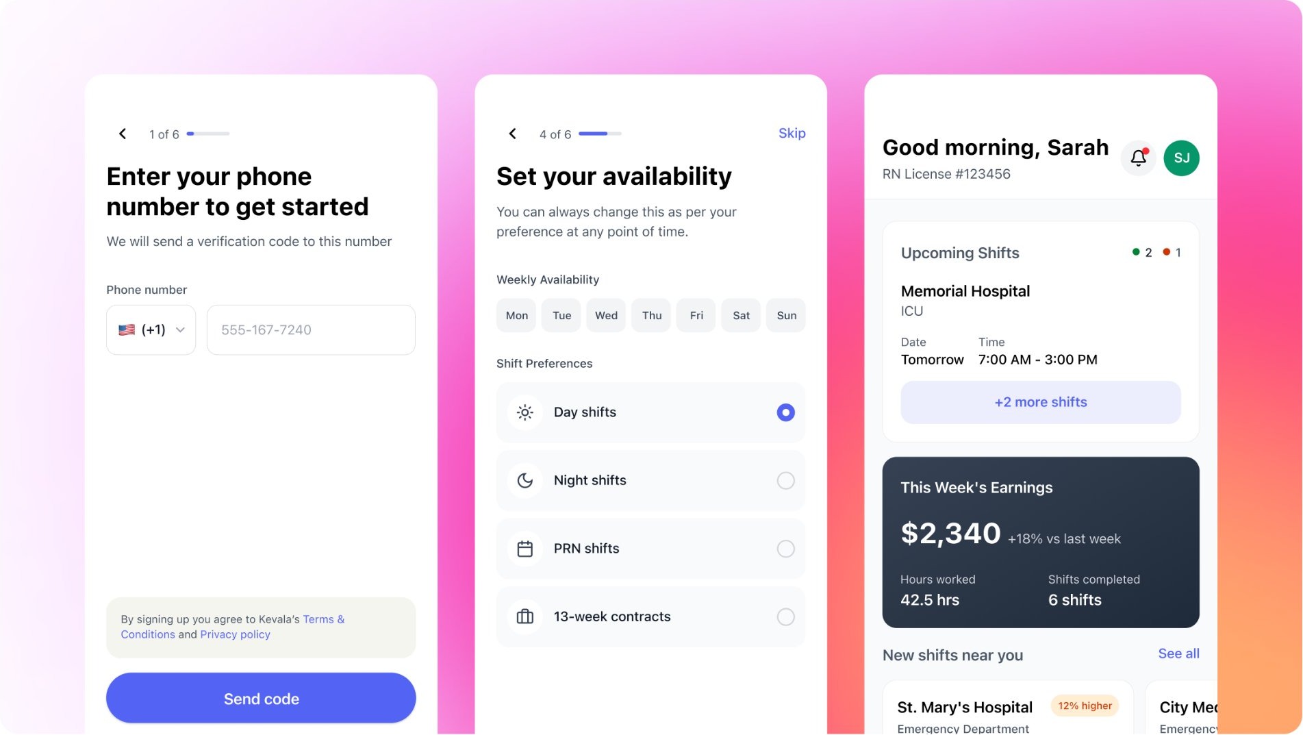 Kevala caregiver app screens