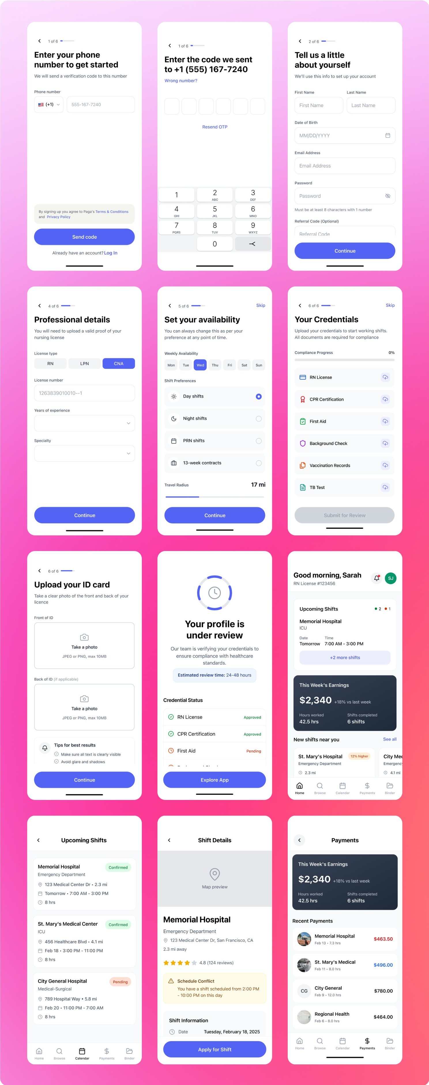 Kevala caregiver app — onboarding, credentials, shifts, and payments